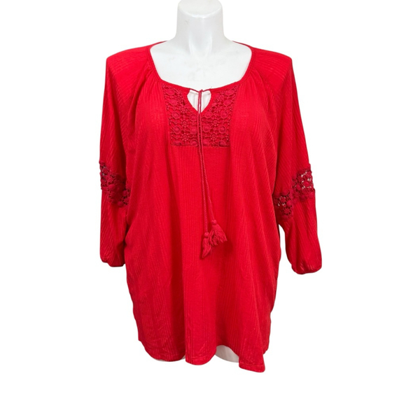 MULTIPLES Tops - Multiples Red Textured Tunic Top Women’s Plus Size 3X Boho Crochet Sleeve